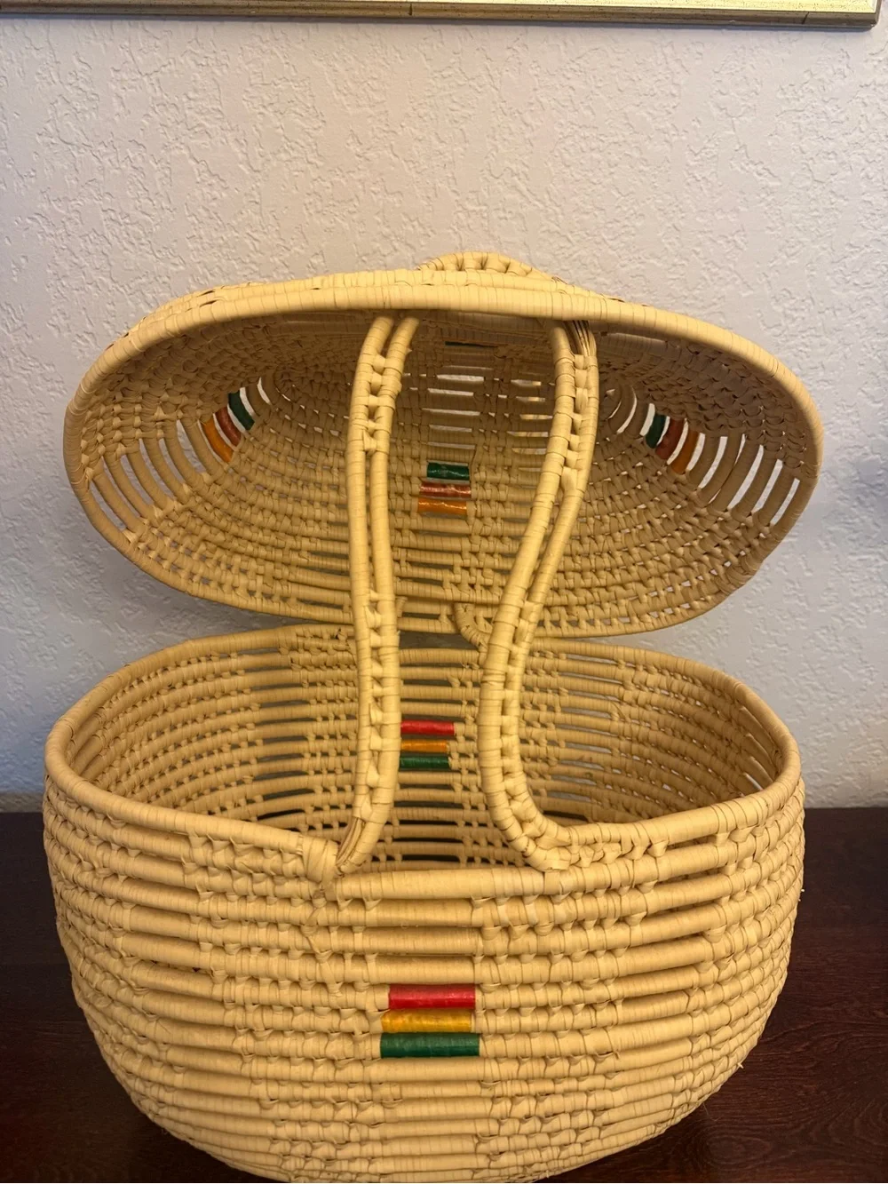 Seagrass Hand Woven Storage Display Basket With Lid & Handles 15x10x16 Boho Vtg